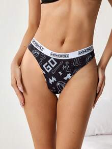MONOPOLY X SHEIN 4pcs Women's Branded Series Panty Set - Black and White - View 8