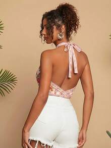 Travachic 女士花卉鹦鹉印花系带休闲度假约会露背上衣，热带鹦鹉和棕榈树印花，适合春夏、海滩度假、优雅外出，系带上衣，性感夏日上衣 - 彩色 - 查看 2