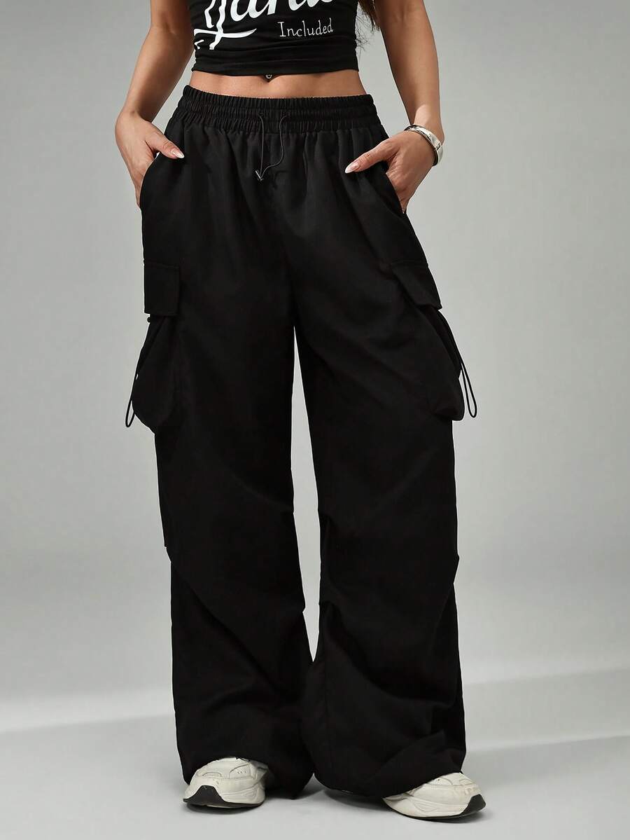 SHEIN PETITE Black Flap Pocket Side Drawstring Waist Parachute Cargo Pants - Black - View 1