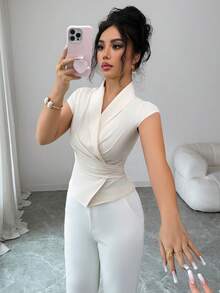 Elenzga 新款V领系腰短袖衬衫，法式设计休闲通勤百搭女式上衣，春秋季 - 杏色 - 查看 5