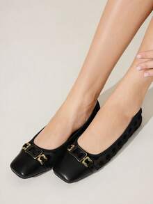 CUCCOO CHICEST Square Toe Loafers, Soft Sole Mesh Strap Fashionable Elegant Versatile Comfortable Slip-On Apricot Flat Shoes - Black - View 6