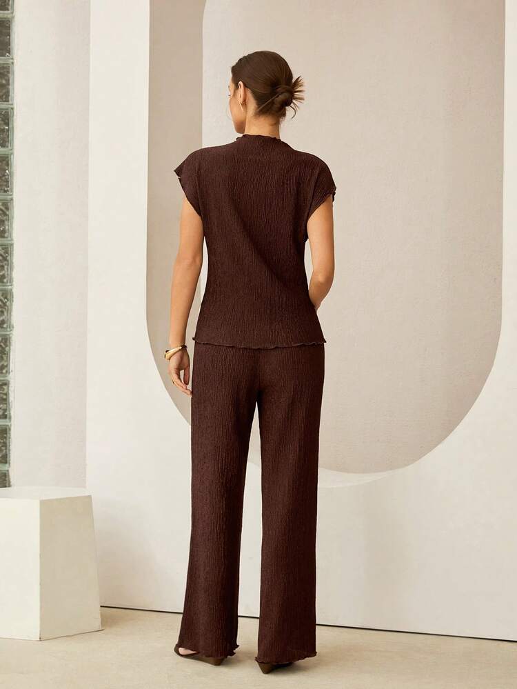 Lymera 女士休闲纹理竖条纹无领插肩袖上衣和阔腿裤套装，春夏款 - 咖啡棕 - 查看 2