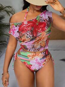Slaydiva Conjunto de bikini de 3 piezas con estampado halter y chaleco de malla como cubrimiento para mujer talla grande, traje de baño para vacaciones - Multicolor - Ver 3
