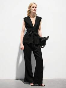 Aveloria Modichic Women's Solid V-Neck Knotted Waist Design Vest Top And Flare Pants Suit, Fashionable For Commuting And Outings Black Sleeveless Dress Low Cut Dress Tie Front Dress Black Dresses For Women Summer Black Silk Dress - Black - View 6