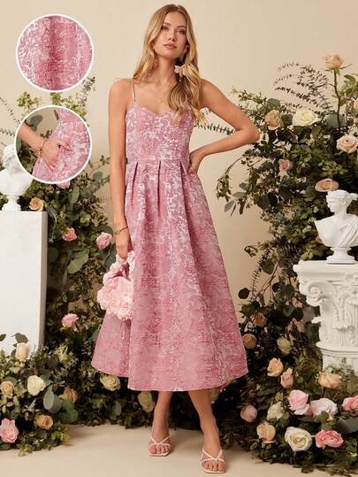 Amorya Women's Elegant Pink Jacquard Ruffle V-Neck Short Sleeve A-Line Dress, Suitable For Various Occasions In Summer