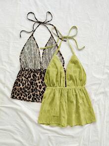 Soleia 2pcs Sexy Leopard Print Halter V-Neck Backless Tie Strap Textured Fabric Camisole, Suitable For Holiday, Date, Afternoon Tea, Vacation, Music Festival, Boho Style - Green - View 2