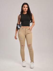 SHEIN Tall Women's Pocket Button Distressed Casual Versatile Daily Wear Denim Jeans - Apricot - View 6