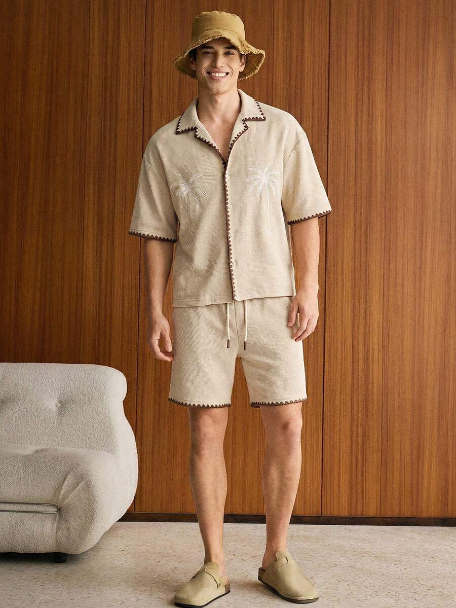 SWAVVY Men's Embroidered Shirt Set, Spring/Summer - Khaki - View 1