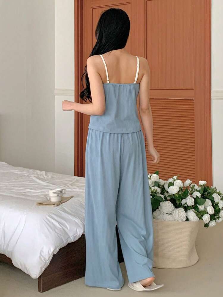 3pcs Set Sweet Contrast Color Embroidered Lace Decor Camisole & Pants Women Sleepwear Suit