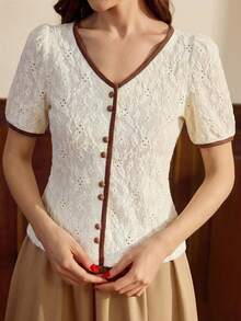 Vintamour 复古优雅女士针织上衣，提花刺绣纹理花卉撞色滚边纽扣，休闲通勤、度假、夏季、春假、情人节外出必备单品 - 米色 - 查看 2