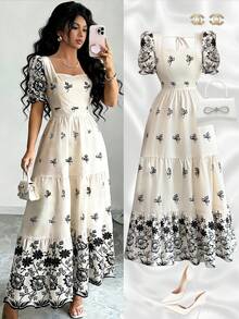 Elenzga 女士优雅印花甜心领花瓣袖层叠下摆连衣裙，度假风 - 彩色 - 查看 8