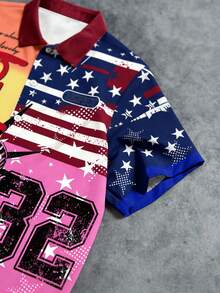 Manfinity EMRG Retro amerikanischer Graffiti Kurzarm locker geschnittenes Crop Top, Freiheitsstatue + amerikanische Flagge Elemente Dopamin Kontrastfarbe Lässig Hemd für Herren - Verschiedenfarbig - Übersicht 3