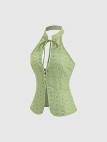 Sweetra Y2K Sexy & Elegant Embroidered Backless Halter Vacation Blouse - Green - View 3