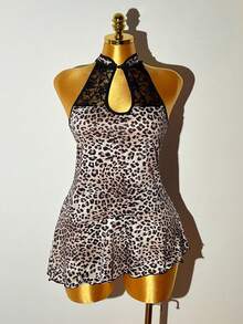 Bare Chapter 2pcs Plus Size Women Sexy Lace Chiffon Leopard Print Ruffle Hem Bodycon Dress Set - Multicolor - View 6
