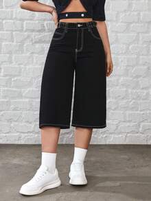 SHEIN Tall Women's High Waist Pockets Loose Casual Wide Leg 7/8 Length Jeans - Black - View 4