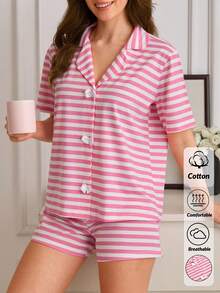 SHEIN Set pigiama casual da donna in 2 pezzi, composto da camicia a maniche corte con fiocco e bottoni e pantaloncini, in cotone rosa con motivo a righe - Rosa - Visualizzare 1