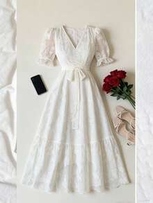 DAZY Vestido de encaje elegante con cuello en V y cinturón, vestido de invitada de boda de verano - Beis - Ver 12