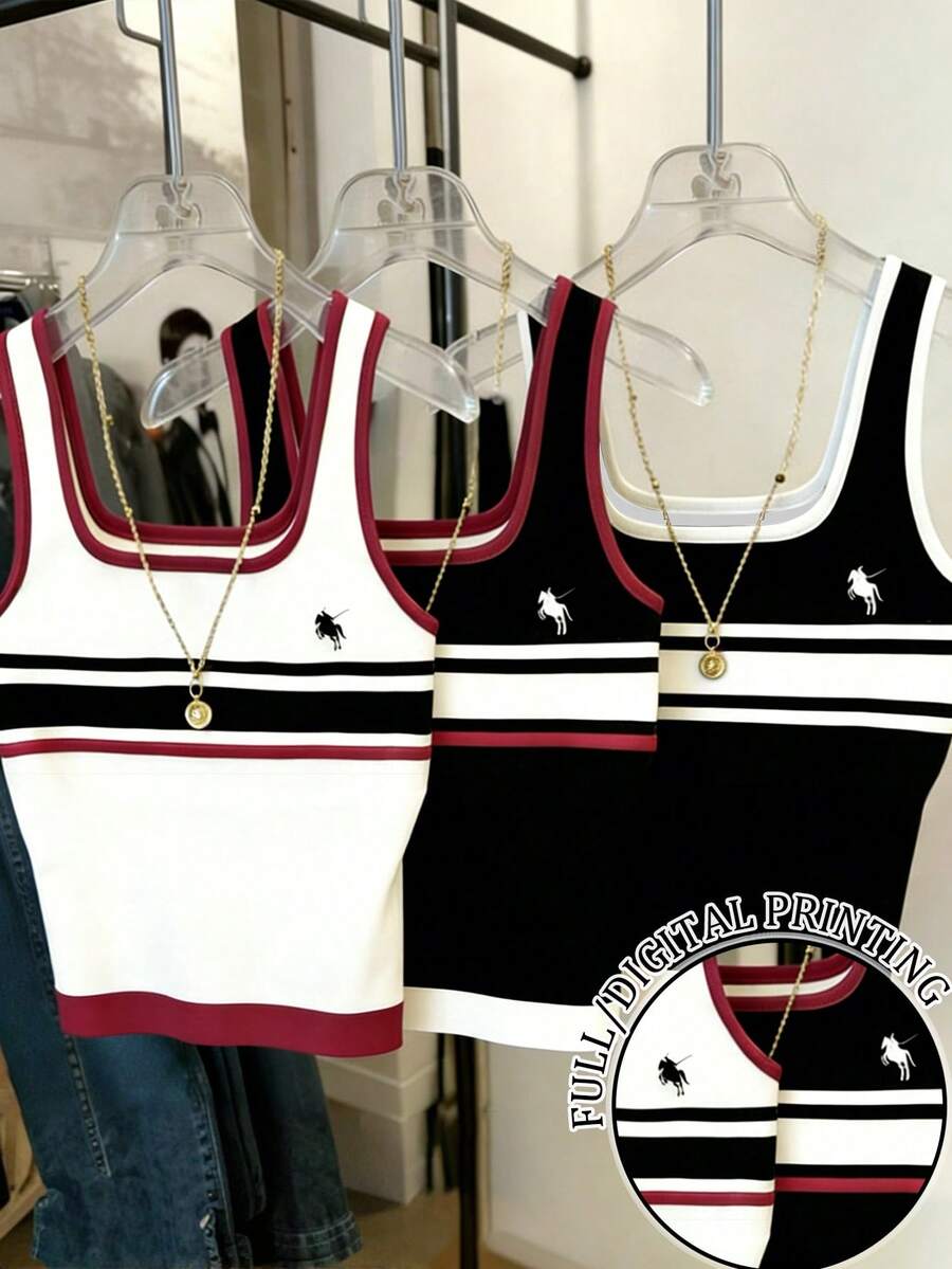 Resyla Set de 3 tops ajustados de tirantes con rayas para mujer - Multicolor - Ver 1