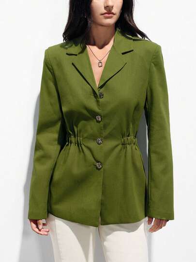 Aveloria Modichic Fashionable Commuter Versatile Daily Wear Faux Linen Elegant Waist Cinched Long Sleeve Blazer