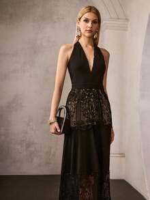 MOTF Soiréza WOMEN'S ELEGANT SLEEVELESS HALTER-NECK MAXI FORMAL DRESSES WITH LACE TRIM, IDEAL FOR WEDDINGS, GALA DINNERS, PARTIES, CELEBRATIONS, SPRING DRESSES SUMMER OUTFITS - Black - View 7