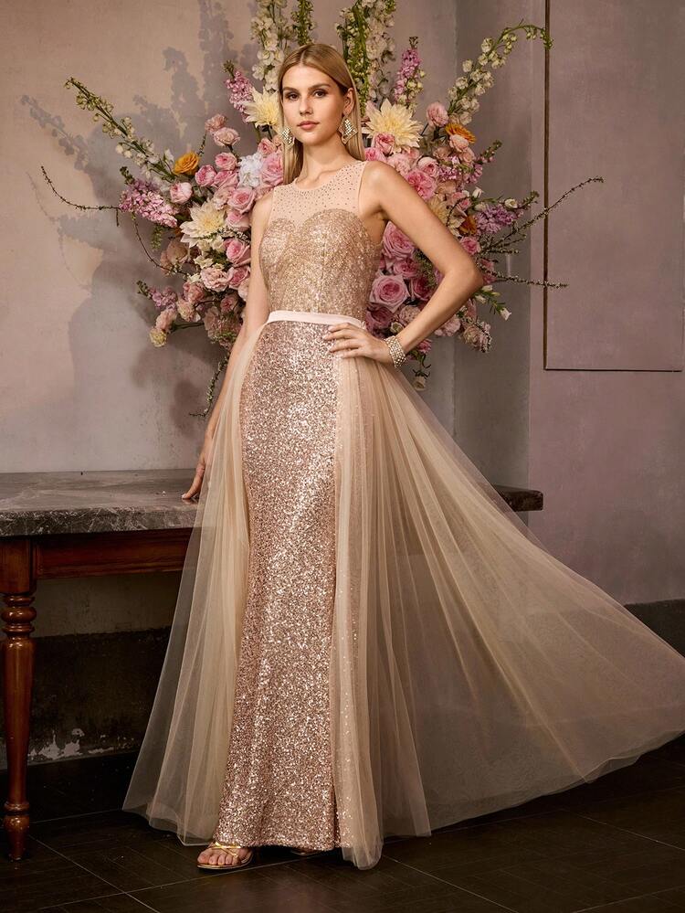 MOTF Soiréza ELEGANT CHAMPAGNE MAXI PARTY DRESS FOR WOMEN, SLEEVELESS ROUND NECK DRESS WITH RHINESTONE EMBELLISHED NECKLINE, SPARKLY SEQUIN FABRIC, FOR EVENING EVENTS, FORMAL PARTIES & NEW YEAR CELEBRATIONS