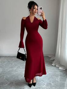 Elenzga Women's Elegant Halter Neck Patchwork Flare Sleeve Long Sleeve Dress, Autumn - Burgundy - View 5