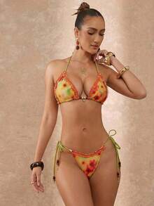 Lumalex 扎染花卉印花串珠配饰，小花朵吊坠，项链系绳，比基尼泳装两件套 - 彩色 - 查看 9