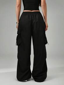 SHEIN PETITE Black Flap Pocket Side Drawstring Waist Parachute Cargo Pants - Black - View 2