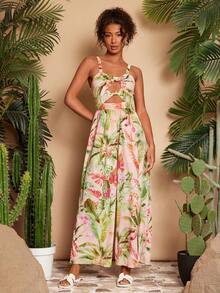 Travachic Women's Tropical Plant Print Casual Everyday Jumpsuit,Tropical,Bohemia,Werstern,Tropical Parrot Pattern,Suitable For Summer Vacation,Beach Outfits For Women - Multicolor - View 2