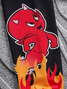 SHEIN HOT STUFF Men's 1pc Flame & Cartoon Graphic Pullover Drawstring Hoodie - Black and White - View 9