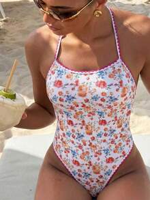 SHEIN Swim Mod 春夏阳光沙滩泳衣，甜美细肩带锯齿状花卉印花纹理露背可调节交叉绑带高衩连体泳衣，女士款 - 彩色 - 查看 1