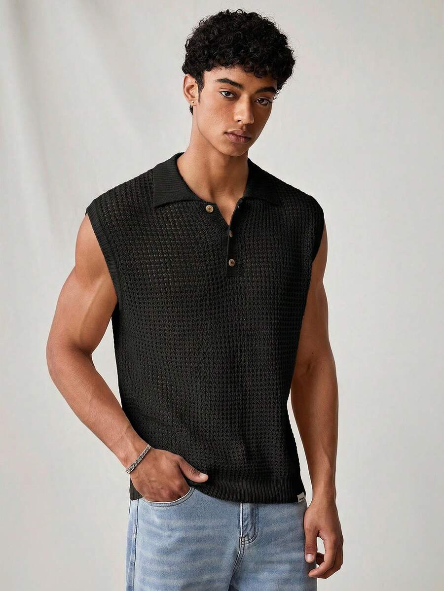 SWAVVY Men's Solid Color Sleeveless Knit Top, Polo Shirt For Summer,Vacation - Black - View 1