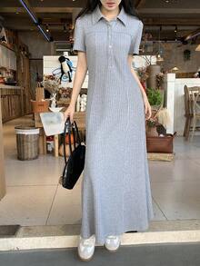 DAZY Women's Striped Button Casual Minimalist Midi Dress For Party - Grey - View 5