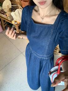 DAZY 复古方领拉链后背收腰花瓣袖牛仔连衣裙，女士夏季款 - 藍色 - 查看 4