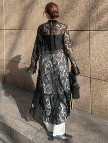 FRIFUL Women's Solid Black Sheer Lace Fabric Layered Flared Loose Casual Dress Sundress - Black - View 5