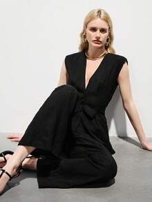 Aveloria Modichic Women's Solid V-Neck Knotted Waist Design Vest Top And Flare Pants Suit, Fashionable For Commuting And Outings Black Sleeveless Dress Low Cut Dress Tie Front Dress Black Dresses For Women Summer Black Silk Dress - Black - View 3