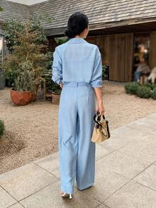 DAZY Women's Collared Solid Color Long Sleeve 2 Pieces Set Summer - Blue - View 5
