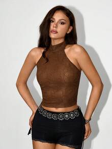 SHEIN ICON Women's Y2K Fashion Fitted Casual Halter Neck Top - Coffee Brown - View 5