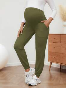 SHEIN 孕妇运动裤，带口袋和抽绳裤脚 - 軍綠色 - 查看 5