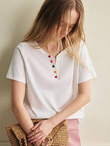 Écloséra 法式复古白色短袖T恤，饰有彩色心形纽扣，女士夏季款 - 白色 - 查看 4