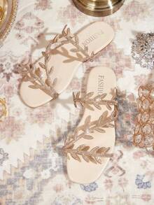 CUCCOO TILAWA Women's Rhinestone Plant Design Casual Flat Sandals - Gold - View 1