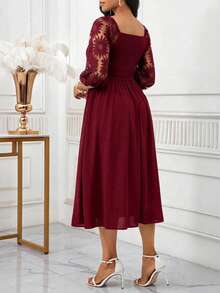 SHEIN Lady Women's Solid Color Pleated Elegant Waist Midi Dress For Party - Burgundy - View 2