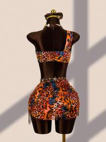 Zestiva Women's Leopard Print Asymmetric One-Shoulder Swimwear With Mesh Skirt, 3-Piece Fashionable Sexy Beachwear Set - Multicolor - View 2