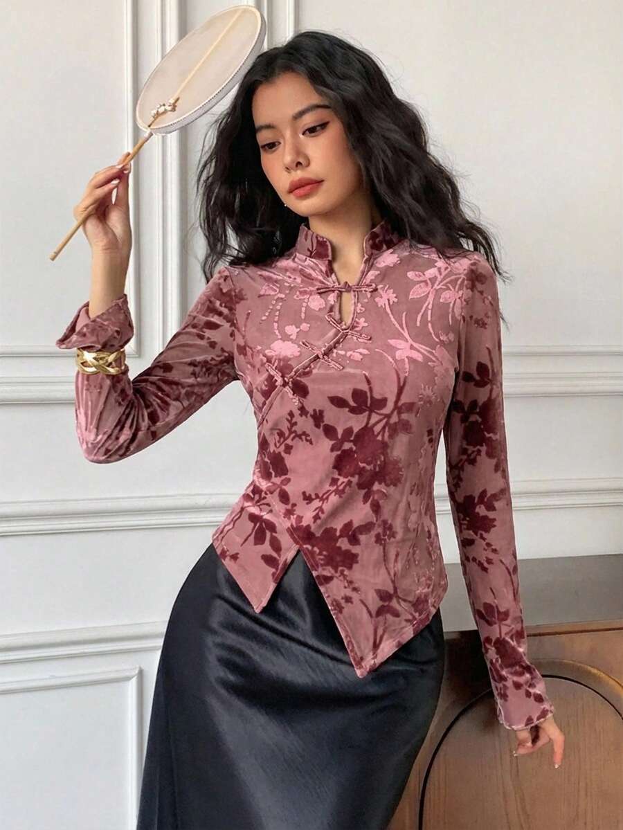 EastFlair 女士碎花图案纽扣上衣，中国风 - 珊瑚粉 - 查看 1