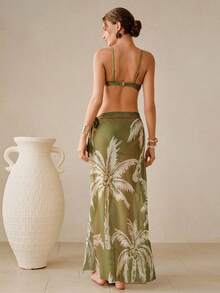 Swim Oasis 女士纯色纹理面料泳衣，搭配纯色滚边，以及畅销的棕榈树印花网纱沙滩套装，绿色波西米亚度假套装，春夏款 - 綠色 - 查看 2