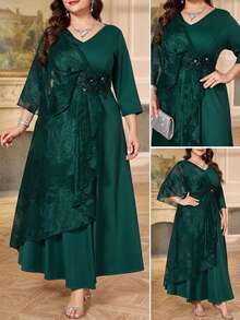 Reflora 大码女式V领拼接贴花网纱优雅连衣裙 - 綠色 - 查看 12