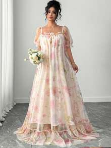 Elenzga Đầm ngắn tay bồng hai lớp thêu hoa thanh lịch dành cho nữ cỡ lớn - Màu be - Xem 2