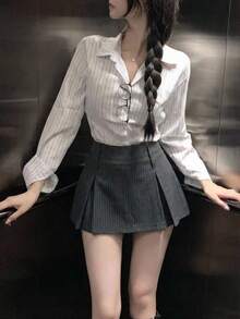 DAZY 女士条纹韩式休闲百褶裙 - 灰色 - 查看 4