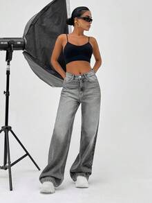 SHEIN Cottnline 100% Cotton HIGH RISE WIDELEG FIT VINTAGE WASH WOMEN BAGGY JEANS - Dark Grey - View 3