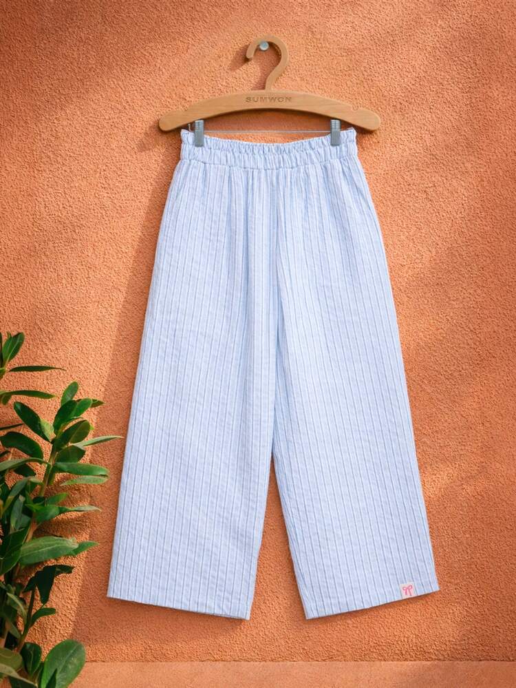 Pantalon rayé à jambes larges et taille haute paperbag